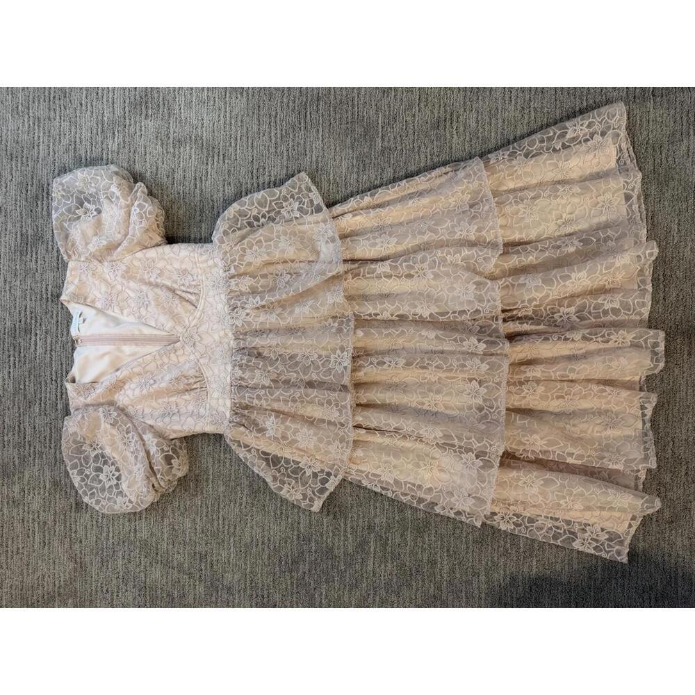 Maya Deluxe Light Pink Lace Tiered Dress with Puff Sleeves